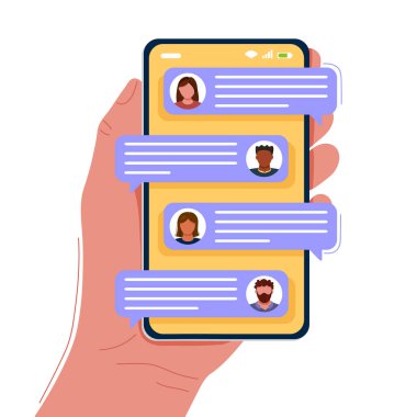 Sohbet baloncukları ve kısa mesajları olan bir el.