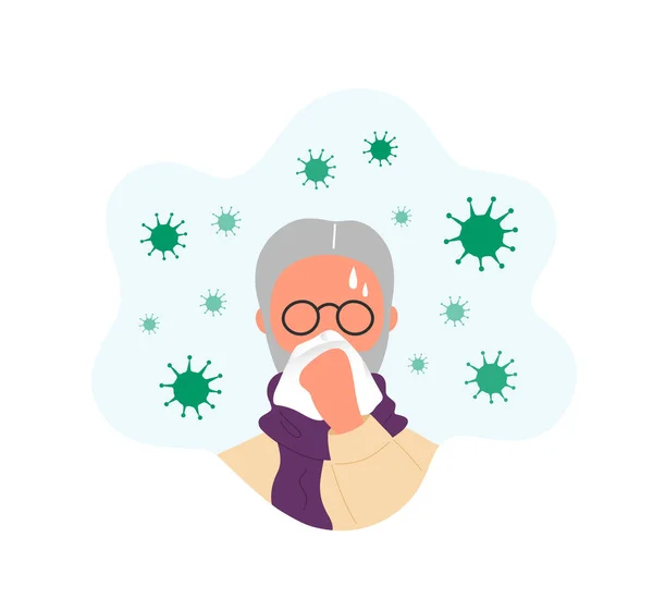 Viejo sonándose la nariz rodeado de coronavirus — Archivo Imágenes Vectoriales