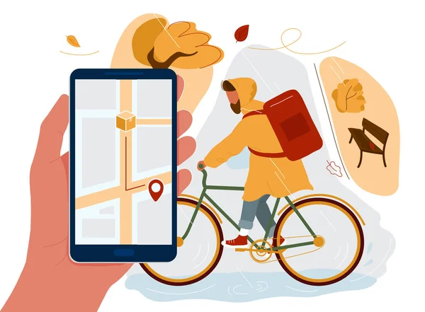Telefon med karta på skärmen och kurir på cykel — Stock vektor