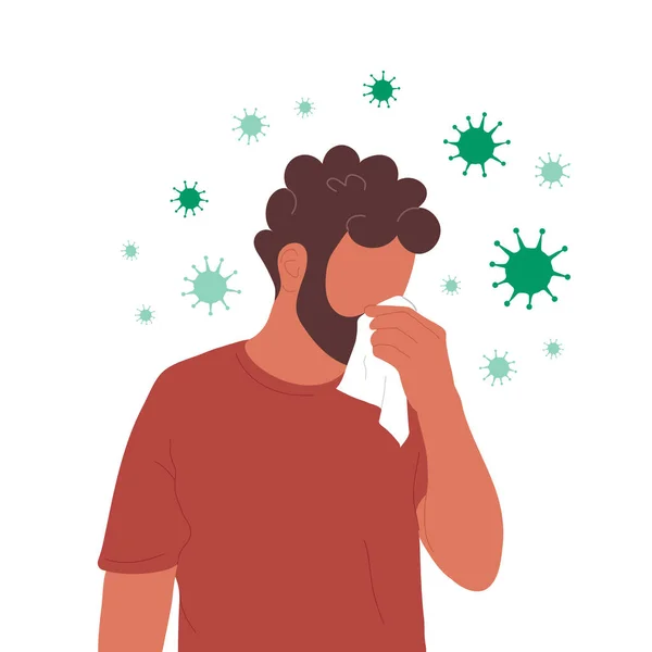 Man blowing nose surrounded by coronaviruses — Stock Vector