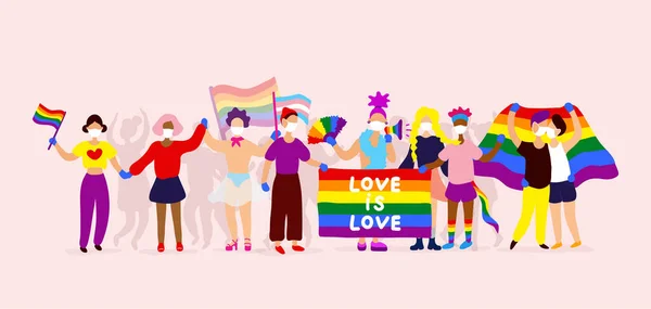 LGBTQ-Aktivisten in Masken, die an Stolz teilnehmen — Stockvektor