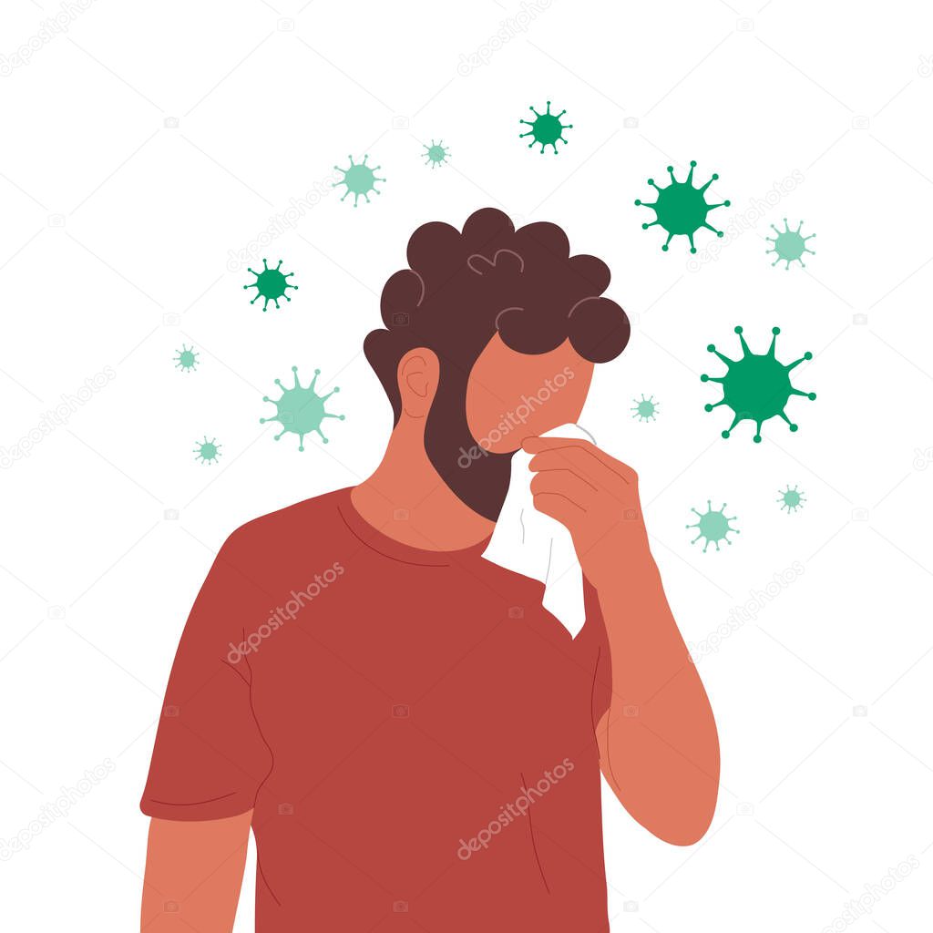 Man blowing nose surrounded by coronaviruses