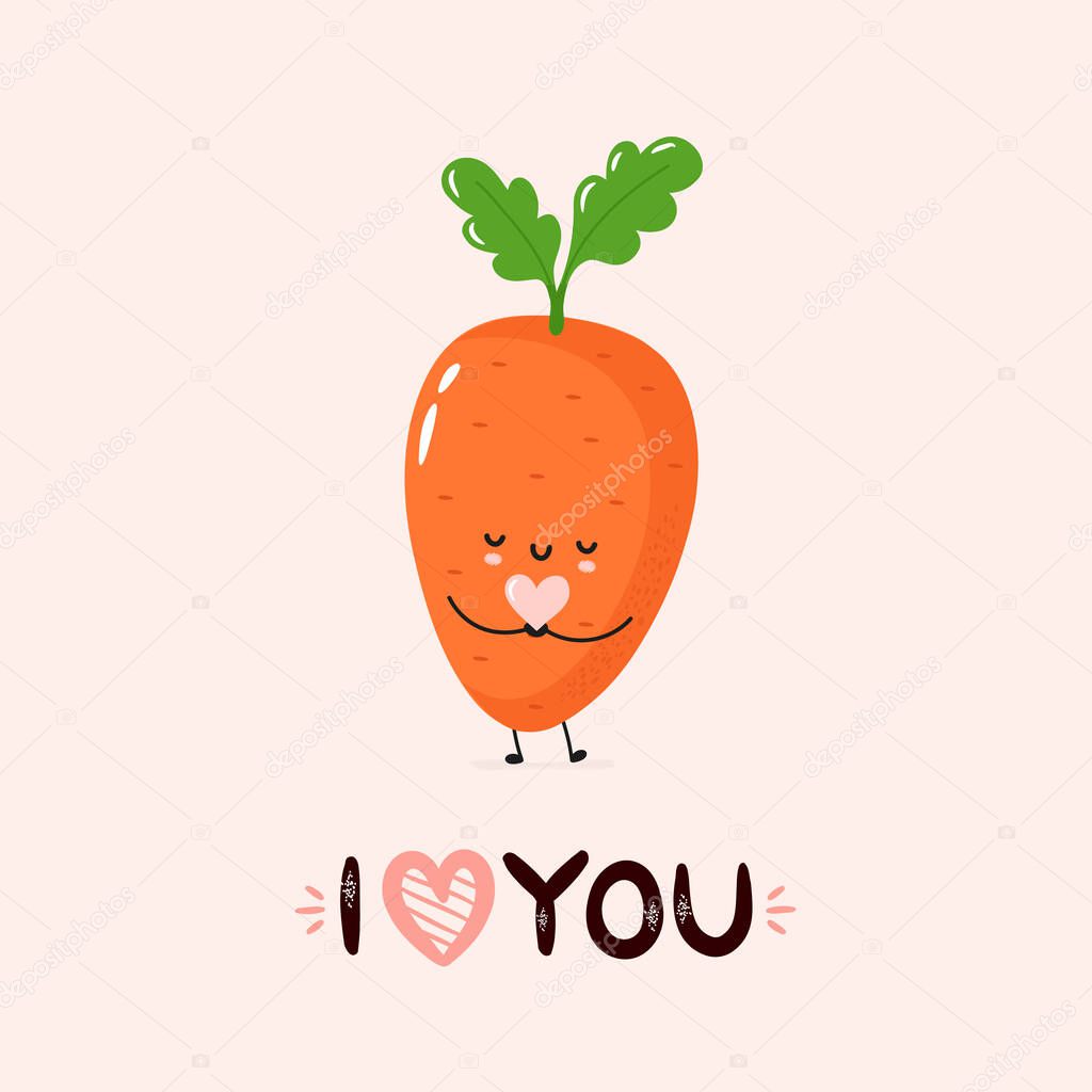 Cute smiling carrot holding heart in hands