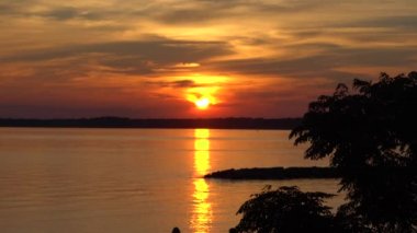 Jamestown Beach, Virginia, ABD yakınlarındaki ağaçların ve kayaların siluetine bakan güzel bir gün batımı.