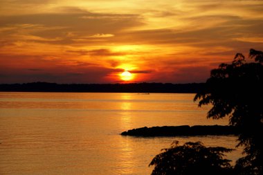 Güzel gün batımı ve Jamestown Sahili yakınlarındaki kayaların ve ağaçların silueti, Virginia, ABD.