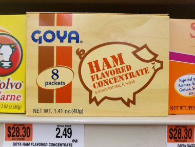 Wilmington, Delaware, U.S.A - Sept 16, 2025 - A small box of Goya Ham Flavored Concentrate, a convenient way to add rich ham flavor to your dishes.