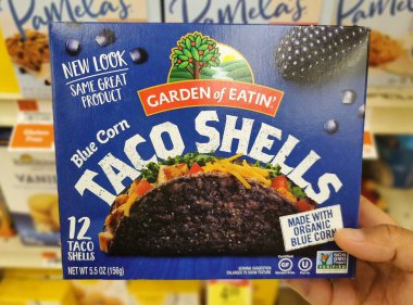 Wilmington, Delaware, U.S.A - Sept 16, 2025 - A blue box of Garden of Eatin' Blue Corn Taco Shells offer a wholesome base for your favorite taco fillings.