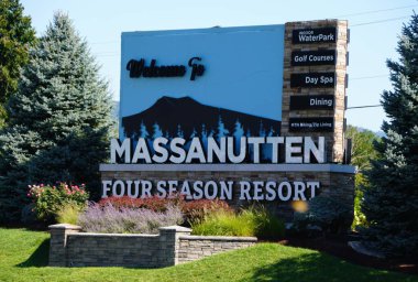Virginia, U.S.A - Sept 9, 2025 - The welcoming sign into Massanutten Four Season Resort, offering an indoor waterpark, golf courses, a day spa, dining, mountain biking and zip lining.
