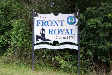 Virginia, U.S.A - Sept 2, 2025 - A sign marking the entrance to Front Royal, a historic town established in 1788.