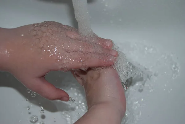 Macro Childs Hands Stream Water — Stock Photo, Image