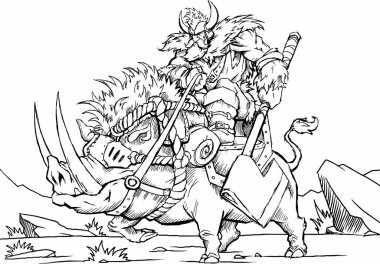 yaban domuzu üzerinde viking binici savaşçı, boyama kitabı