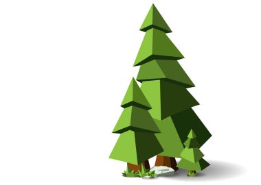 Beyaz arka planda çokgen köknar ağaçları