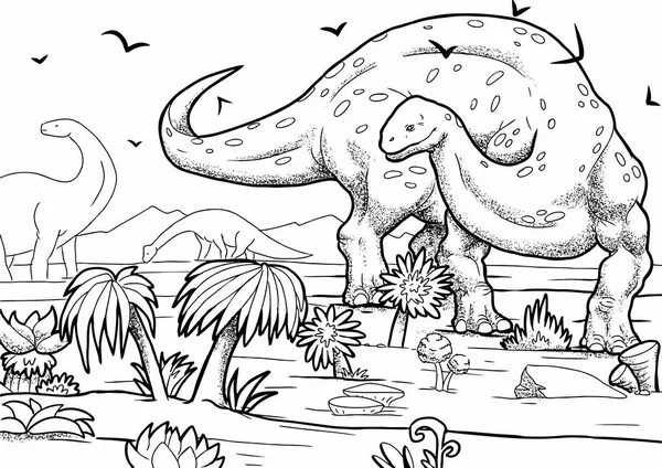 Buku Mewarnai Dengan Tangan Dicat Dinosaurus Dalam Gaya Kartun - Stok Vektor