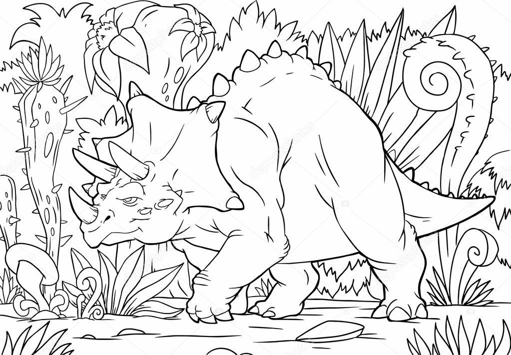 Coloring book with hand-painted dinosaur in cartoon style