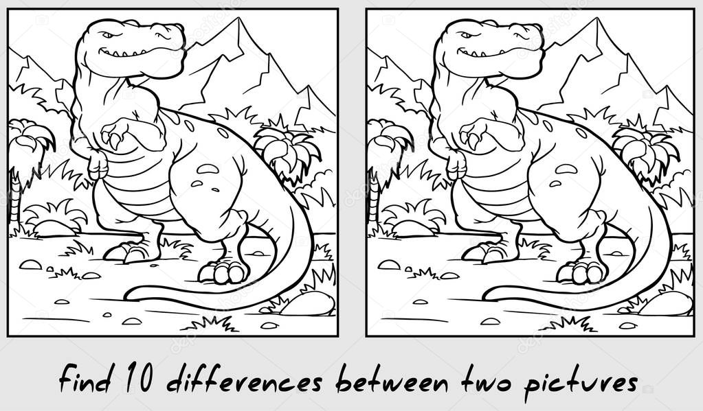 Coloring page with cartoon dinosaurs, find differences puzzle 