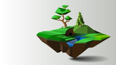 Düşük poligonal geometrik ağaçlar ve ada. Soyut vektör Çizimi, düşük poli stili. Stilize tasarım öğesi. Afiş, poster, el ilanı, kapak, broşür için arka plan tasarımı.