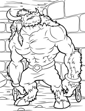 Siyah beyaz renklerde Minotaur fantastik yaratık