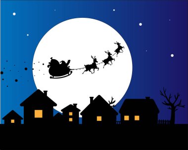 Ay'a karşı gökyüzünde geyiği ile Noel Baba silueti 