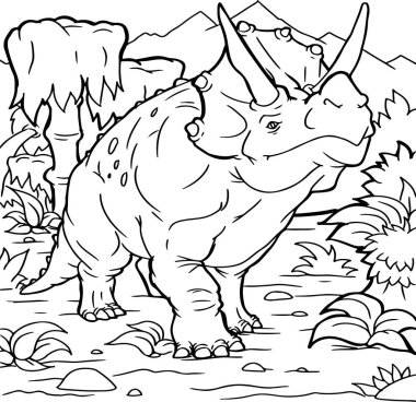 Boyama Kitabı ve Eğitimi Için Tarih Öncesi Dünyada Triceratops Dinozor Sürüngen Türlerinin Karikatür Vektör İllüstrasyon