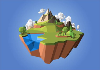 Düşük poligonal geometrik ağaçlar ve ada. Soyut vektör Çizimi, düşük poli stili. Stilize tasarım öğesi. Afiş, poster, el ilanı, kapak, broşür için arka plan tasarımı.