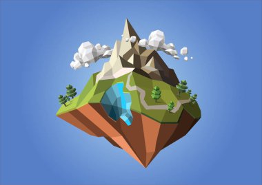 Düşük poligonal geometrik ağaçlar ve ada. Soyut vektör Çizimi, düşük poli stili. Stilize tasarım öğesi. Afiş, poster, el ilanı, kapak, broşür için arka plan tasarımı.