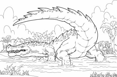 Prehistoric crocodile hand painted coloring book vector Prehistoric crocodile hand painted coloring book vector