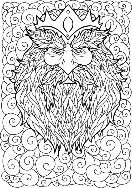 Bearded Man Mustache Crown Adult Coloring Pages Antistress Tattoo Art — Stock Vector