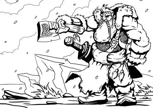 Kleurplaten Pagina Viking Axe Cartoon Karakter — Stockvector