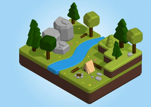 Vector Isometric Low Poly Elements Camping Site — Stock Vector