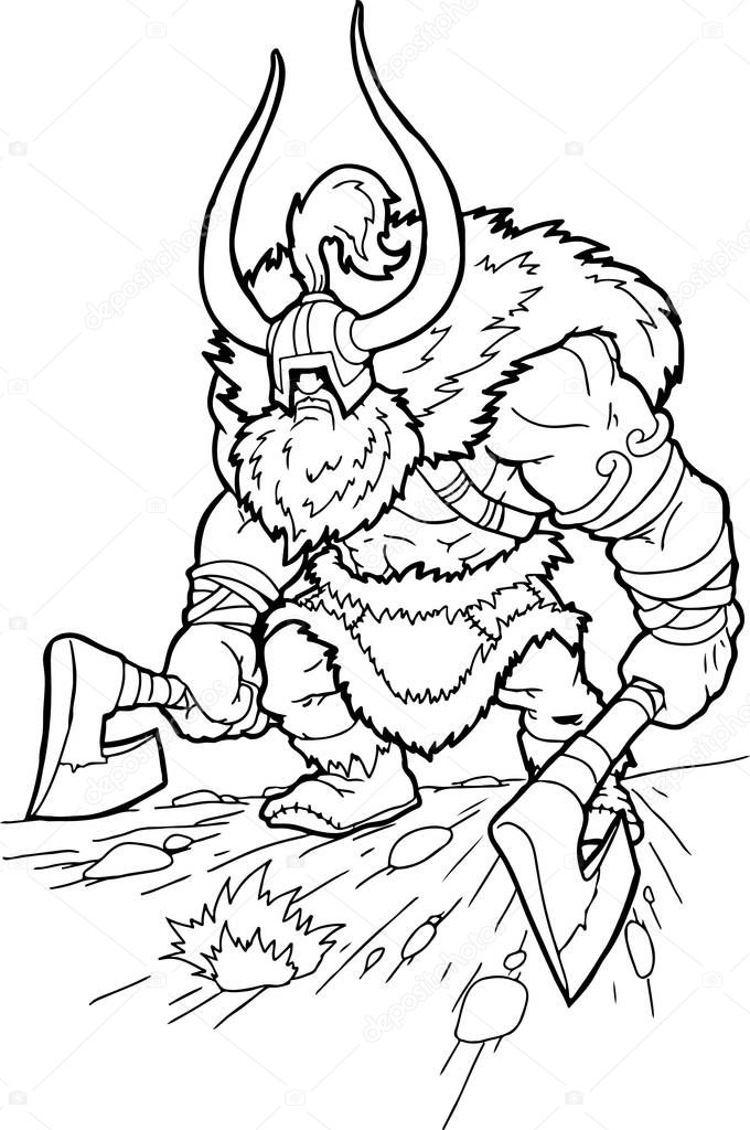 viking with axe for coloring book, vector illustration