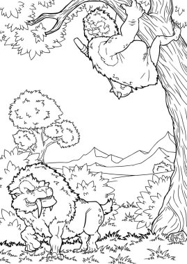 Boyama kitabı için aslan Karikatür Vektör İllüstrasyon ile Mağara adam