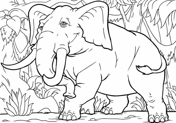 Coloring Page Elephant Standing Forest — Stock Vector