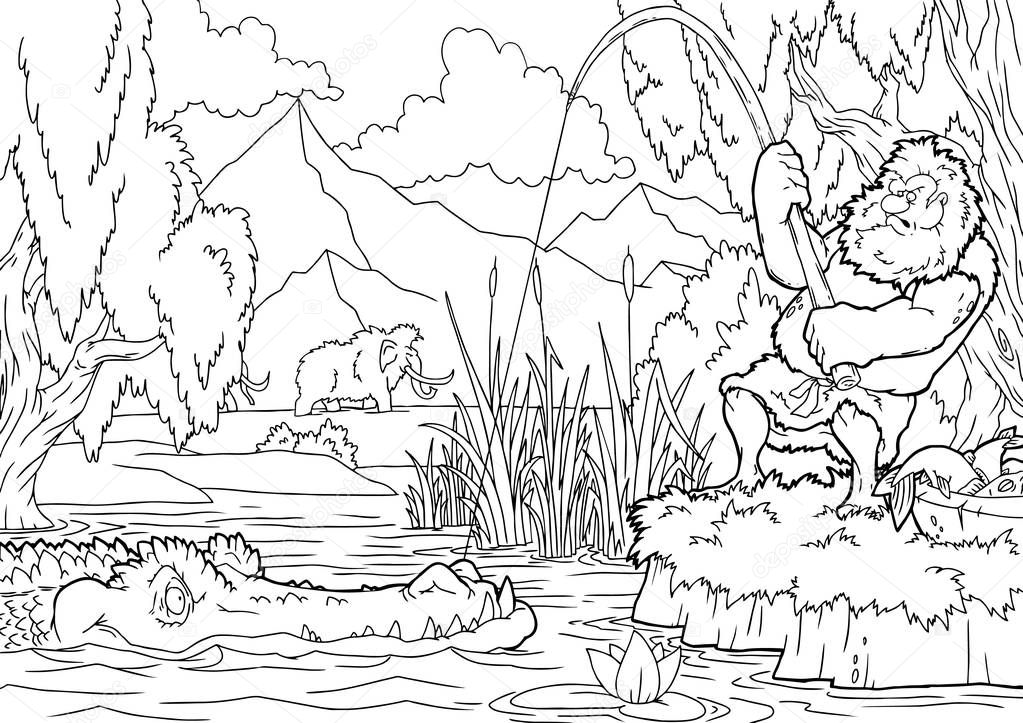 Cartoon Illustration with Prehistoric Characters for Coloring Page