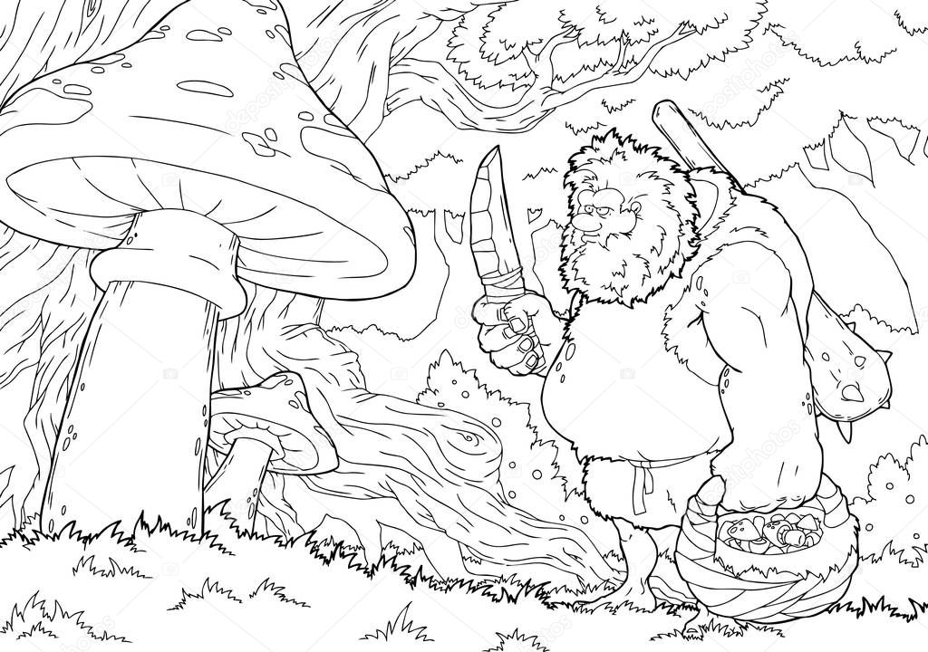 Cartoon Illustration with Prehistoric Character for Coloring Page