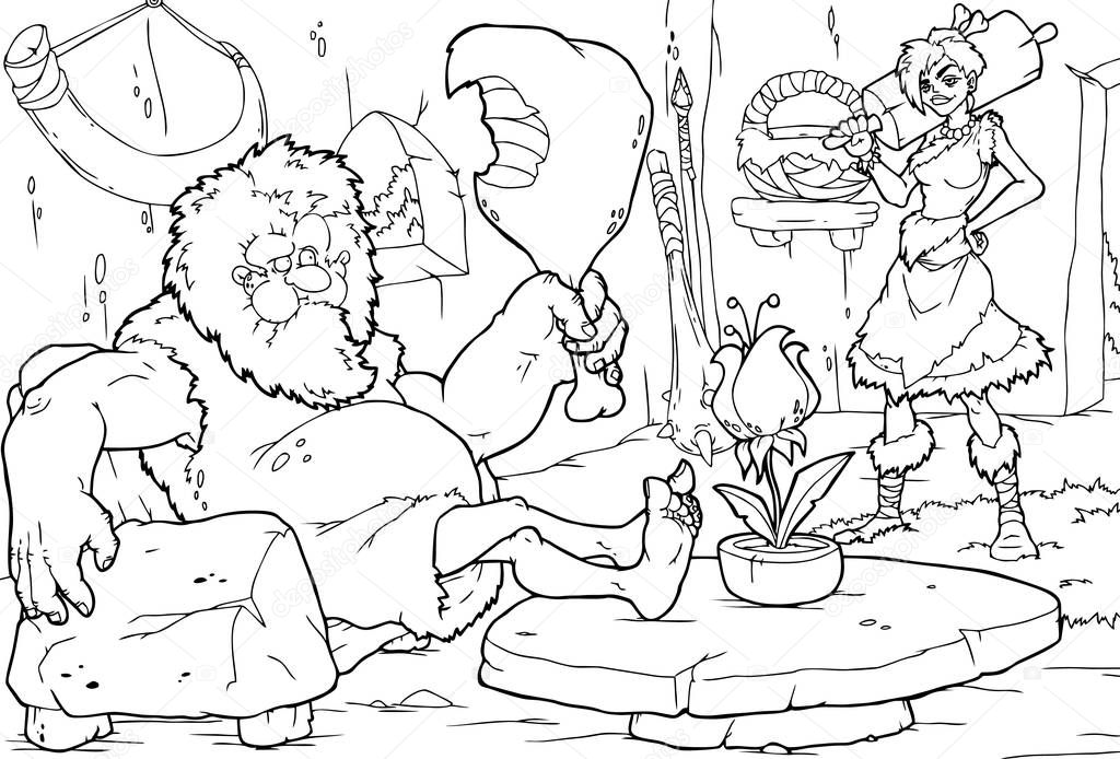 Cartoon Illustration with Prehistoric Characters for Coloring Page