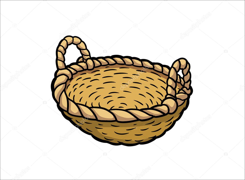 Hand drawn picnic basket isolated on white background. Sketch illustration of empty bamboo basket.