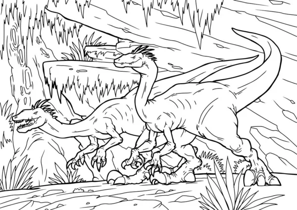 Livro para colorir, dinossauro Velociraptor, coloração —  Vetores de Stock