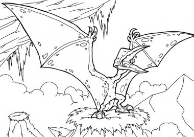 Renklendirme kitabı ve eğitim gibi grafiksel tasarım projeleri için uygun dinozor Pterodactyl İllüstrasyonunu özetle