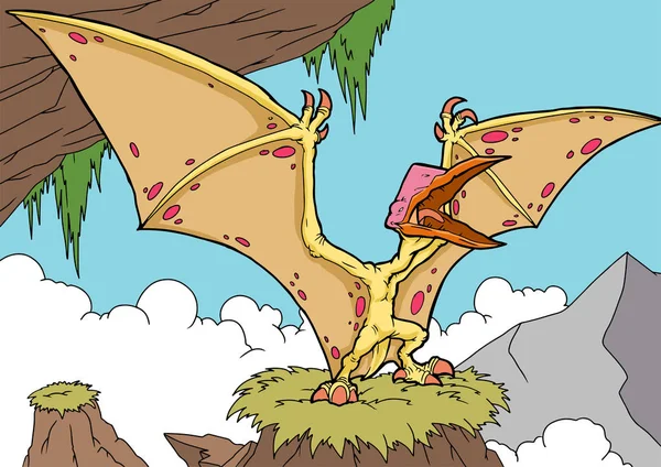 Dibujos animados pterodáctilo en una rama — Vector de stock