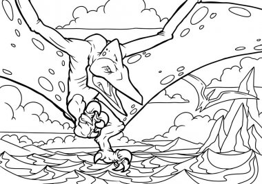 Renklendirme kitabı ve eğitim gibi grafiksel tasarım projeleri için uygun dinozor Pterodactyl İllüstrasyonunu özetle