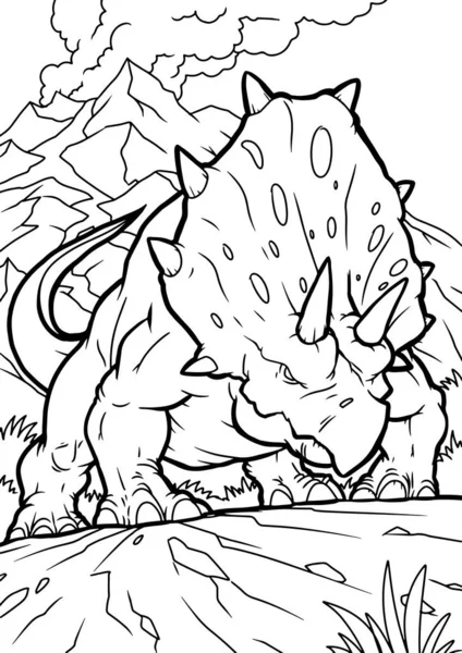 塗り絵と教育のための先史時代の世界におけるトリケラトプス恐竜爬虫類の漫画ベクトルイラスト — ストックベクタ