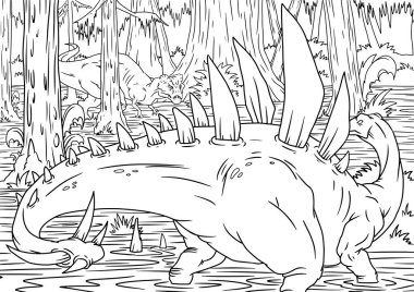 Karikatür tarzında bir dinozor el boyalı çocuklar için boyama kitabı