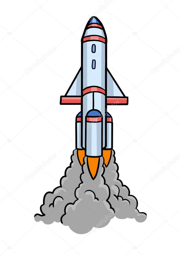 Outline rocket ship with fire. Isolated on white. Flat line icon. Vector illustration with flying rocket. Space travel. Project start up sign. Creative idea symbol.