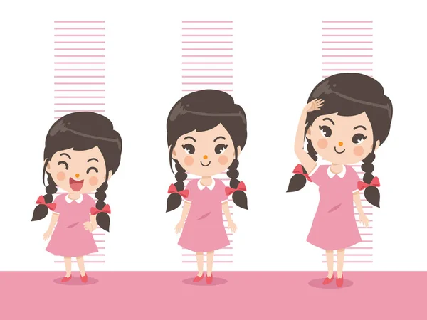 Height of child grow up. Little girl measuring his height on white color background. One girl in three levels. Short, medium, high,Height. difference child growth concepts. — Stock Illustration Height Child Grow Little Girl Measuring His Height White Color Stock Illustration