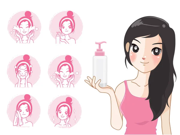 Step facial cleansing by beautiful women. — Stock Vector