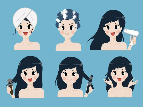 Haarpflege durch lange Haare schöne Frauen. — Stockvektor