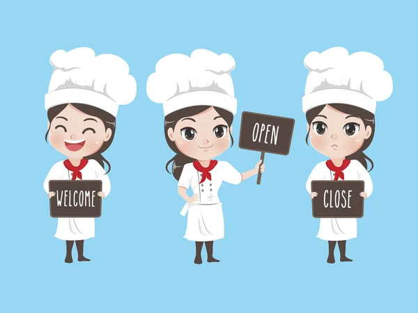 La chica chef tiene una señalización — Vector de stock