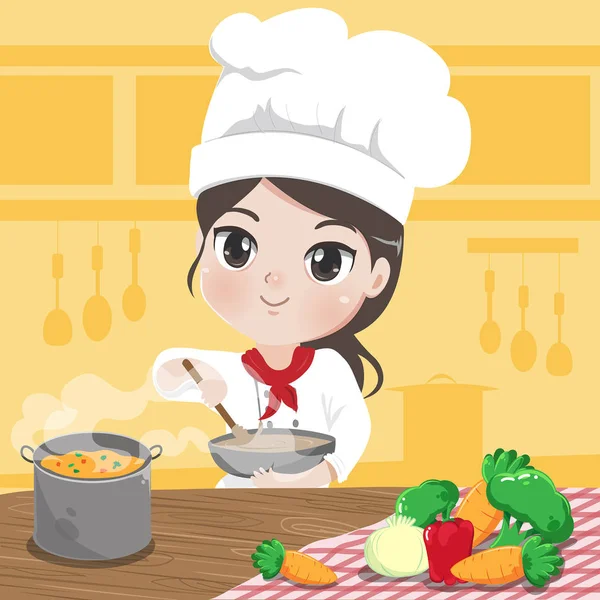 Chef chica está cocinando . — Vector de stock