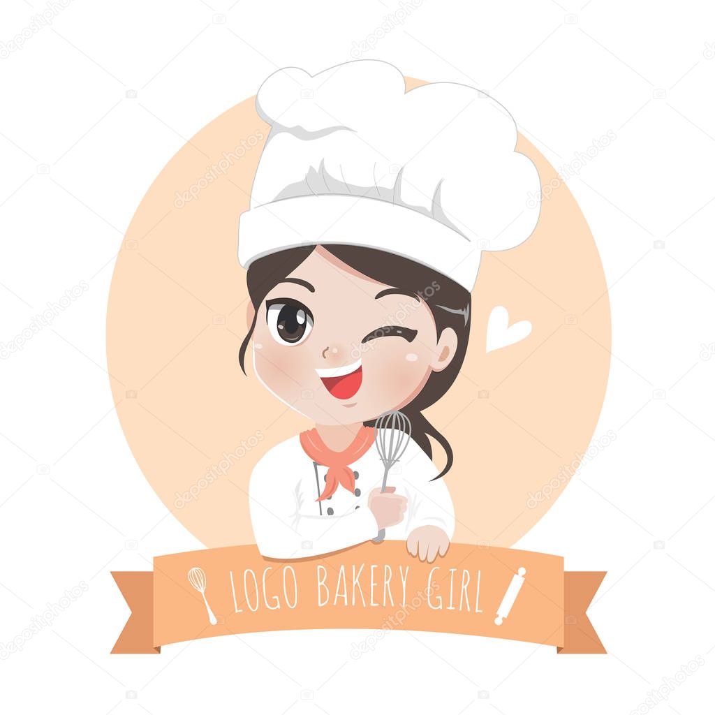 The little bakery girl chef's logo is happy,tasty and sweet smile.