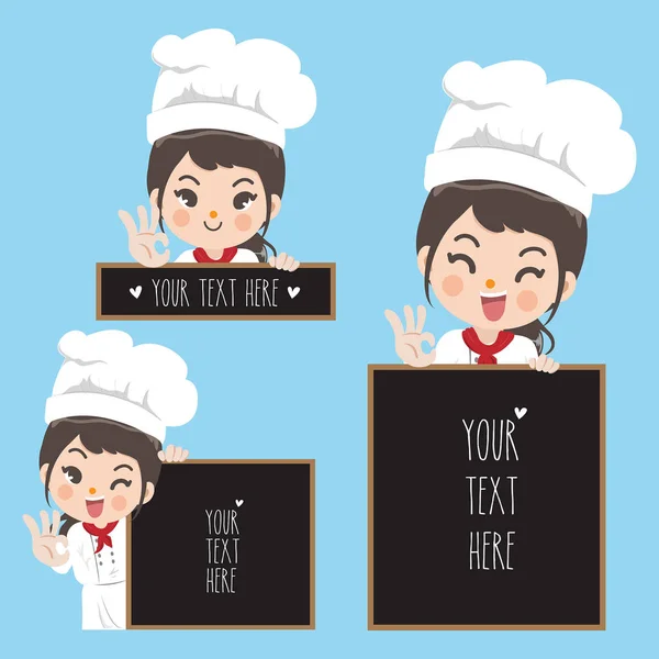 Mujer chef y pizarra . — Vector de stock